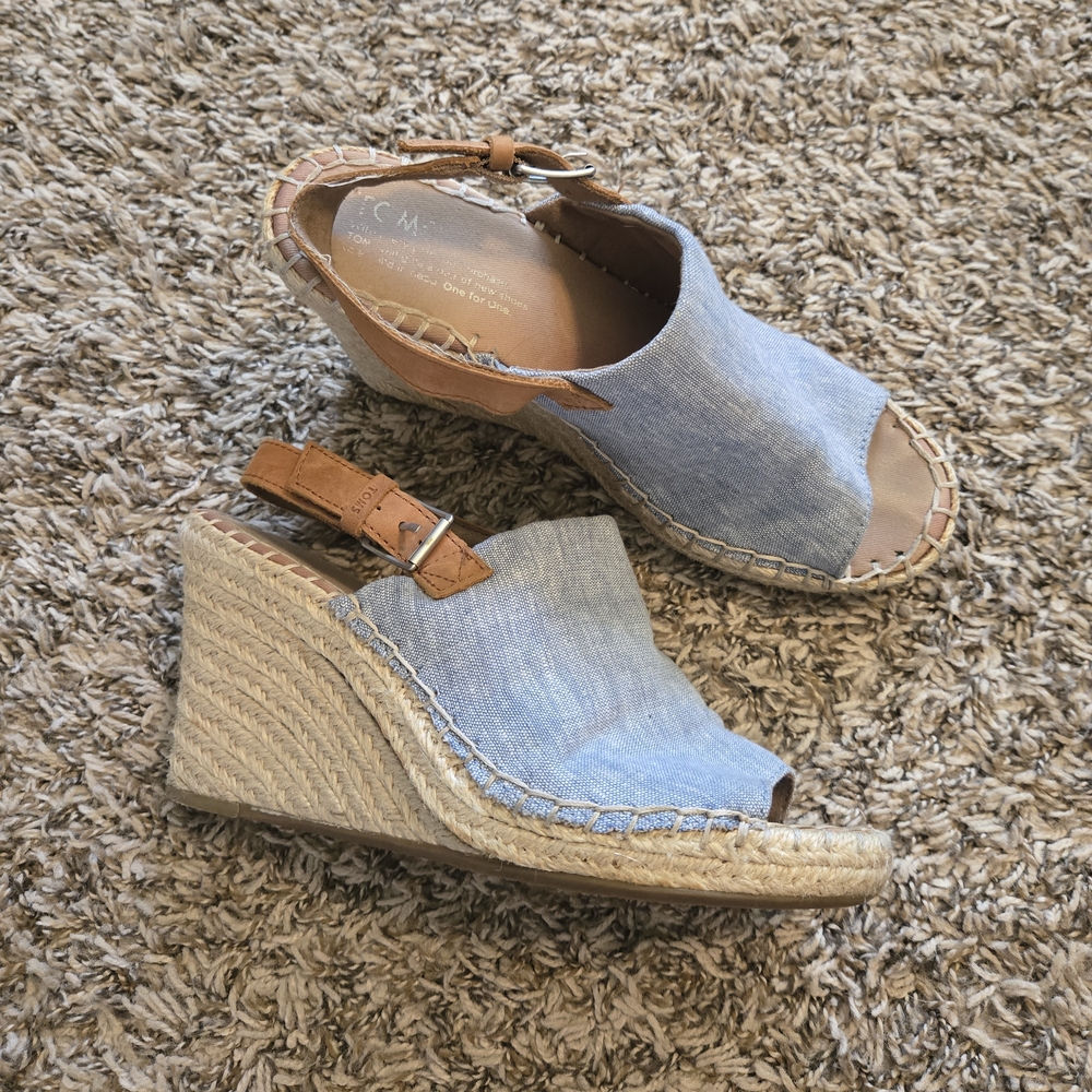Toms Blue Denim Espadrille Wedge Sandals with Tan Strap - Picture 5 of 5